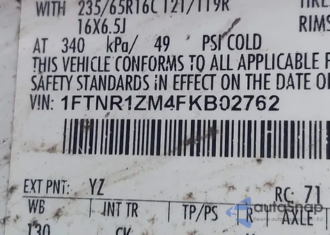 2015 Ford Transit-250 z USA, uszkodzony, nr VIN 1FTNR1ZM4FKB02762